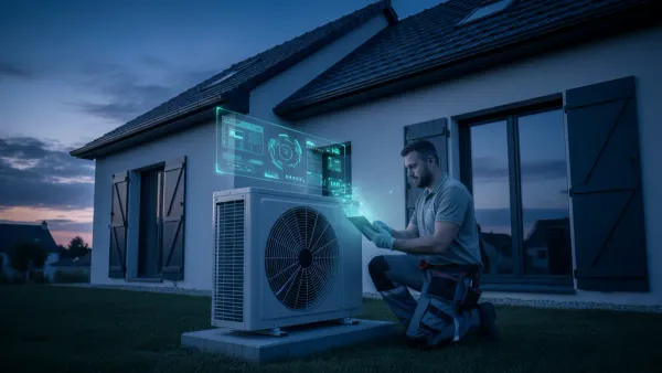 Technicien en génie climatique devant une unité extérieure de pompe à chaleur, avec une recherche Google locale en surimpression