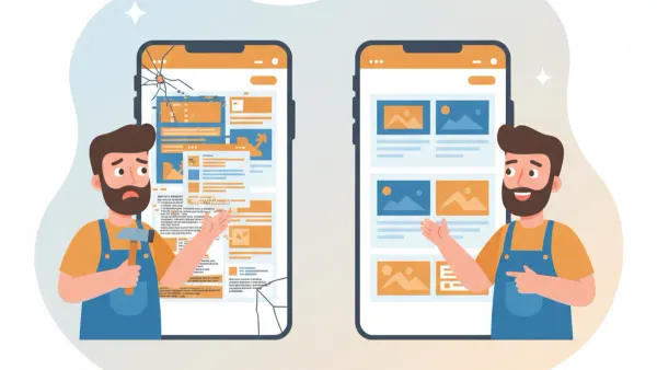 Artisan regardant son site internet sur un telephone avec un ecran illisible et un client qui repart