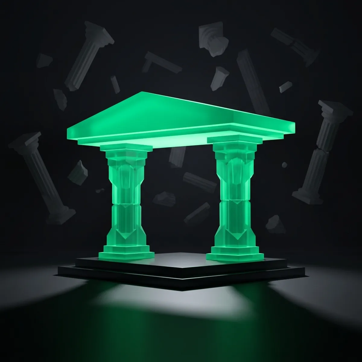 Temple moderne abstrait : deux piliers solides soutiennent un toit emeraude lumineux, des piliers effondres flottent en arriere-plan