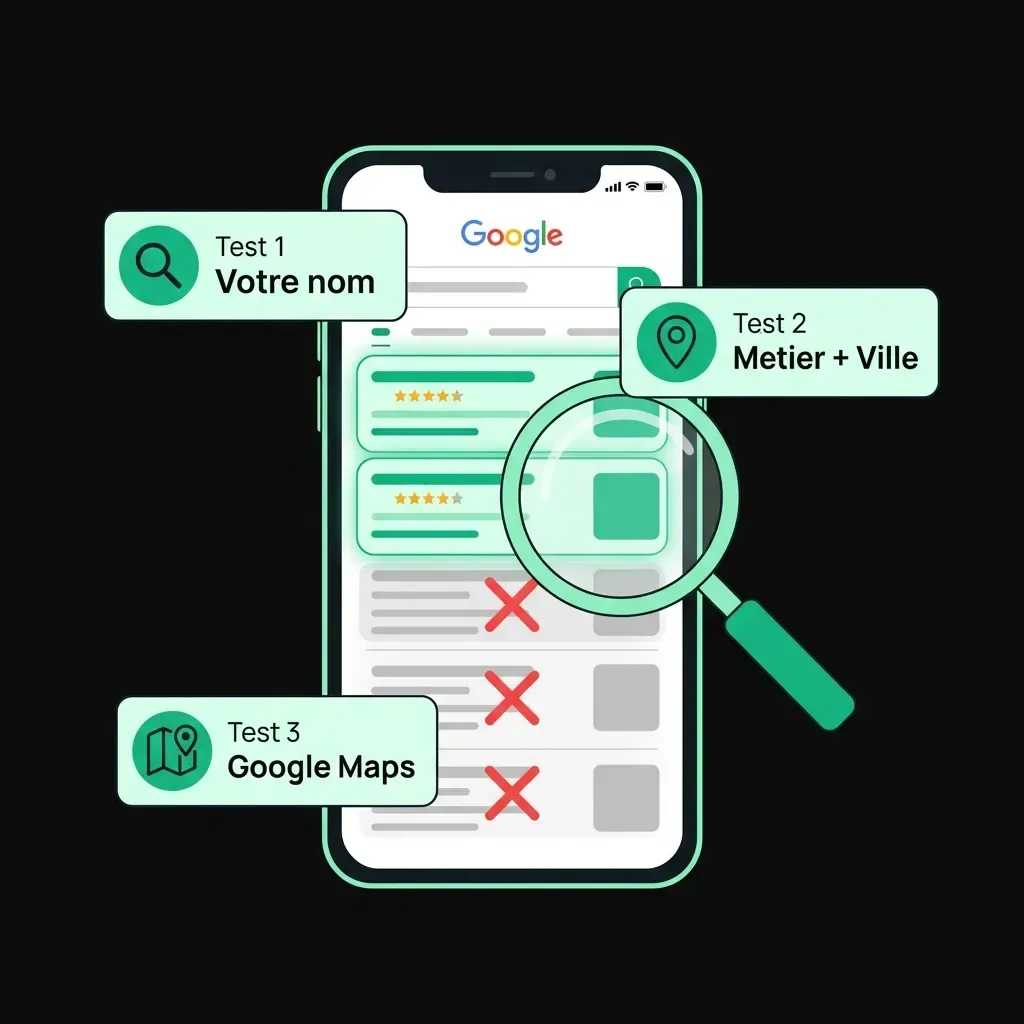3 tests de visibilite Google : recherche par nom, par metier et ville, et sur Google Maps